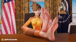 1girls 3d 3d_(artwork) barefoot big_feet blender blender_(software) blizzard_entertainment bodysuit crossed_legs feet feet_on_table feet_together feet_up female female_focus female_only flag foot_fetish foot_focus hirislewds jumpsuit lena_oxton light-skinned_female light_skin oval_office overwatch overwatch_2 pale-skinned_female pale_skin short_hair soles table the_white_house tight_clothing tight_fit tongue tongue_out tracer white_house