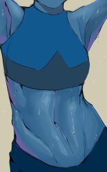 1girls abdomen abs armpits arms_up bare_shoulders belly belly_button belly_focus blue_crop_top blue_pants blue_skin crop_top defined_muscles face_out_of_frame faceless female female_focus female_only fit_female focus lapis_lazuli_(steven_universe) lowleg lowleg_pants midriff midriff_focus muscular muscular_female navel navel_focus pants simple_background small_breasts solo solo_female solo_focus steven_universe stomach sweat sweatdrop sweating sweaty sweaty_body toned_female toned_stomach topwear zoom_in