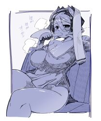 alternate_costume big_breasts blush bottomless breath cleavage female female_only hair_between_eyes huge_breasts kingofbandit156 made_in_abyss monochrome off_shoulder ozen popsicle reclining short_hair sitting solo steam sweat thick_thighs towel towel_on_head