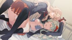 2girls black_jacket black_socks black_thighhighs blonde_hair blue_bra blue_eyes bound bound_wrists bra breasts closed_eyes cosmic_(crownclowncosmic) couple dress_shirt fingering game_cg green_hair incest jacket kneehighs long_hair long_sleeves looking_at_another lying medium_breasts miniskirt multiple_girls nipples no_panties on_back open_bra open_clothes open_jacket open_mouth open_shirt pleated_skirt pussy red_skirt sakura_futaba_(tsui_yuri_okaa_san_ni_wa_naisho_da_yo) sakura_ichika shirt siblings sisters skirt socks straight_hair thighhighs tsui_yuri_okaa_san_ni_wa_naisho_da_yo twintails unbuttoned underwear unfastened very_long_hair white_shirt yuri