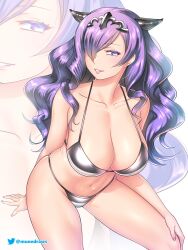 1girls alternate_costume bikini black_bikini black_swimsuit breasts camilla_(fire_emblem) cleavage collarbone etchimune female female_only fire_emblem fire_emblem_fates grey_bikini grin hair_over_one_eye halterneck hand_on_own_knee large_breasts long_hair looking_at_viewer navel nintendo purple_eyes purple_hair shiny shiny_hair smile solo swimsuit twitter_logo twitter_username very_long_hair