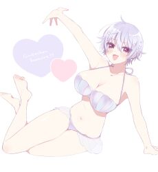 alternate_costume arm_support arm_up barefoot big_breasts bikini blush canon_genderswap cleavage feet_up female female_only full_body genderswap_(mtf) ginko_sakata gintama gintoki_sakata lavender_hair looking_at_viewer on_side open_mouth pale-skinned_female pale_skin pink_eyes rule_63 short_hair silver_hair smile solo swimsuit very_short_hair white_hair yunfa