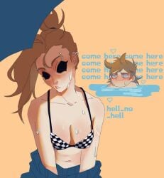 beach bikini black_bikini breasts brown_hair eddsworld ellsworld female piercing slut tagme tamara_(eddsworld) tord_(eddsworld) water