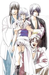 1girls 3boys breast_grab breasts canon_genderswap colored_sketch crotch_grab female frown fully_clothed genderswap_(mtf) ginko_sakata gintama gintoki_sakata groping groping_breasts groping_from_behind haori japanese_clothes joui_4 katsura_kotarou kimono long_hair_male looking_at_viewer male multiple_boys obi official_alternate_costume rule_63 sakamoto_tatsuma shaded_face short_hair side_slit smile standing sunglasses takasugi_shinsuke very_short_hair white_hair