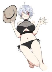 alternate_costume big_breasts bikini black_bikini black_swimsuit canon_genderswap cleavage cleavage_cutout earrings female female_only fully_clothed genderswap_(mtf) ginko_sakata gintama gintoki_sakata halterneck hat looking_at_viewer pale-skinned_female pale_skin red_eyes rule_63 short_hair side-tie_bikini silver_hair smile solo sun_hat swimsuit thigh_gap underboob underboob_cutout very_short_hair white_hair wink yunfa