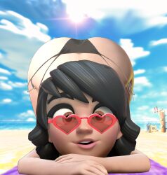 3d ass ass_up beach black_hair blurry_background brskdrvgon clash_(series) clash_royale heart_shaped_sunglasses looking_at_viewer mouth_open on_stomach princess_(clash_royale) red-tinted_eyewear sand sky sunglasses supercell swimsuit the_log_(clash_royale) thong tinted_eyewear top-down_bottom-up