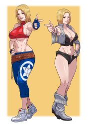 2girls absurdres armpits baggy_pants blonde_hair blue_mary blue_mary_(cosplay) boots booty_shorts breasts cirenk cosplay costume_switch cowboy_boots crop_top dead_or_alive fatal_fury finger_gun fingerless_gloves gloves highres king_of_fighters leather looking_at_viewer multiple_girls navel open_clothes open_vest pants short_hair short_shorts shorts sideboob snk straight_hair strapless strapless_top tina_armstrong tina_armstrong_(cosplay) underboob vest wrestling wrestling_outfit