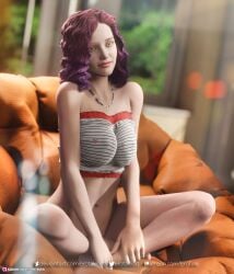 1girls 2022 3d bottomless clothed clothing depth_of_field erotales female female_only green_eyes indoors large_penis necklace nipple_bulge nipples_visible_through_clothing nissya_(erotales) original_character purple_hair seated sitting solo solo_female window