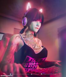 1girls 2022 3d arm_tattoo asian asian_female black_hair cat_ear_headphones chest_tattoo clothed clothing erotales female female_only glowing_headgear glowing_headphones headphones indoors large_breasts original_character seated short_hair sitting solo solo_female streamer streaming tattoo tattoos xinyang_(erotales)