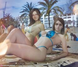 2022 2girls 3d beach bikini brown_hair cross_earrings earrings erotales fanart female female_focus large_breasts looking_at_viewer mia_winters multiple_girls outdoor outdoors outside public resident_evil rosemary_winters smile