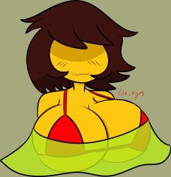 big_breasts bra breasts deltarune embarrassed female female_only hidden_eyes huge_breasts kris_(deltarune) kris_female_(deltarune) large_breasts red_bra see-through see-through_clothing see-through_top toby_fox undertale_(series) vile_eyes yellow_skin