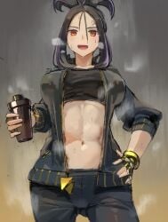 1girls abs after_workout airing_out black_hair breasts dendra_(pokemon) female fit fit_female game_freak hand_on_hip kazo large_breasts light-skinned_female light_skin navel nintendo open_jacket orange_eyes pokemon pokemon_sv shirt_lift sportswear steam steaming_body sweat sweaty_body tied_hair toned track_jacket