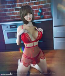 1girls 2022 3d amanda_(erotales) bra brown_hair erotales female female_only huge_breasts indoors kitchen large_breasts lingerie looking_at_viewer on_knees original_character panties red_bra red_lingerie red_panties solo solo_female