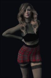 1girls 2022 3d black_background blonde_hair female female_only flaunts3d jesslyn_(flaunts3d) long_hair original_character plaid_skirt see-through_top skirt small_breasts solid_color_background solo solo_female standing