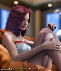 1girls 2022 3d clothed clothing depth_of_field dyed_hair erotales female female_only green_eyes lipstick necklace nissya_(erotales) original_character purple_hair red_lipstick seated sitting solo solo_female