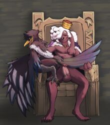 anthro avian balls beak bird brown_body brown_fur canid canine canis chair claws corvid crown custapple domestic_dog duo erection feathers floppy_ears fur furniture genitals hair hair_over_eye humanoid_genitalia humanoid_penis magpie_(corvid) male male/male mammal nude on_throne one_eye_obstructed open_beak open_mouth oscine passerine penis poodle red_eyes sitting smile tail_feathers throne white_hair winged_arms wings