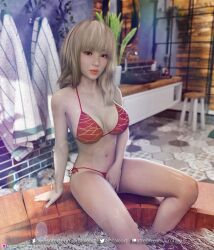 1girls 2022 3d asian asian_female bikini blonde_hair brown_eyes depth_of_field erotales female female_only indoors jacuzzi large_breasts looking_at_viewer mindy_(erotales) original_character red_bikini seated sitting solo solo_female water