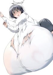 1girls breast_rest breasts_bigger_than_head breasts_bigger_than_torso breasts_touching_floor gigantic_breasts hyper_breasts immobile kinkoumori lying_on_breasts shocked short_hair tagme torn_clothes white_background