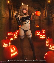 1girls 2022 3d asian asian_female costume erotales female female_only halloween indoors large_breasts lipstick mindy_(erotales) orange_hair original_character red_lipstick solo solo_female standing