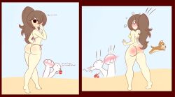 beach bikini bikini_bottom bikini_bottom_removed bikini_removed bikini_top blush bottomless dog embarrassed embarrassed_nude_female enf limb_(limbros) limbros public_exposure