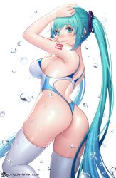 1girls 2022 alternate_breast_size alternate_version_at_source arm_up ass backless_swimsuit bare_shoulders blue_eyes blue_hair breasts competition_swimsuit cowboy_shot female from_behind hand_on_own_cheek hand_on_own_face hatsune_miku highleg highleg_swimsuit highres jurrig large_breasts leg_up long_hair looking_at_viewer looking_back medium_breasts one-piece_swimsuit shoulder_tattoo skindentation smile solo swimsuit tattoo thighhighs thighs twintails very_long_hair vocaloid water wet wet_clothes wet_hair wet_legwear wet_swimsuit white_thighhighs