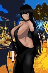 big_breasts black_hair blue_eyes dark-skinned_female dark_skin dress dress_lift egyptian egyptian_female gold_lipstick huge_breasts long_hair nepthys_himejima_(noir-black-shooter) no_bra no_panties noir-black-shooter oc original original_character