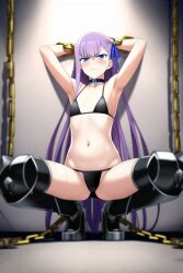 ai_generated angry armpits arms_behind_head arms_up bikini black_bikini blue_eyes blush bondage bound_arms chains choker fate/grand_order fate_(series) flat_chest heroine_in_trouble imminent_sex indoors long_hair meltlilith meltryllis meltryllis_(swimsuit_lancer)_(fate) nai_diffusion navel purple_hair squatting stable_diffusion stomach