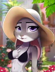 2022 anthro bra breasts collarbone digital_media_(artwork) disney eyebrows eyelashes female fur grey_body grey_fur hat headgear headwear judy_hopps lagomorph leporid lips mammal medium_breasts millkydad navel nipple_bulge pink_nose pokies purple_eyes rabbit smile solo swimsuit underwear zootopia