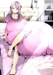 1girls barefoot bed bedroom big_breasts breasts breasts_bigger_than_body breasts_bigger_than_head breasts_bigger_than_torso clothed_breasts enormous_breasts fully_clothed gigantic_breasts hyper_breasts immobile kinkoumori large_breasts looking_at_viewer pink_eyes purple_hair smile smug_grin tagme