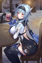 1girls arm_under_breasts artist_request ass asymmetrical_hair backless_outfit blue_hair blush breasts drinking embarrassed eula_(genshin_impact) female genshin_impact hair_ornament hips holding_object huge_breasts indoors large_ass light-skinned_female light_skin sitting slim_waist solo_female thick_thighs thighs tight_clothing wide_hips