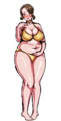 bbw big_breasts brook_(genshin_impact) brown_hair choker chubby cute embarrassed_nude_female fat genshin_impact glossy hairy_belly naked npc overweight overweight_female yellow_eyes yellow_underwear