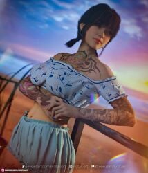 1girls 2022 3d arm_tattoo asian asian_female beach black_hair chest_tattoo clothed clothing depth_of_field dutch_angle earrings erotales female female_only flower_tattoo large_breasts leg_tattoo original_character outdoor outdoors outside short_hair solo solo_female standing tattoo tattoos xinyang_(erotales)