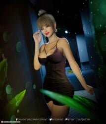 1girls 2022 3d amanda_(erotales) black_dress blue_eyes blush breasts_out brown_hair clothed clothing depth_of_field dress earrings erotales female female_only indoors lipstick looking_at_viewer no_bra original_character red_lipstick solo solo_female standing