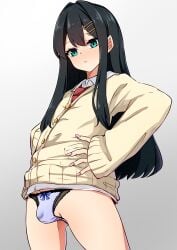 1boy absurdres akaihoppe black_hair bulge button femboy girly green_eyes hair_ornament hairclip hands_on_hips highres long_hair nail_polish necktie original otoko_no_ko panties shirt sidelocks solo standing sweater_vest underwear white_shirt wing_collar