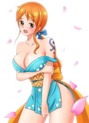 1girls artist_request boobs cleavage embarrassed female female_only kimono kunoichi nami no_bra onami one_piece orange_hair post-timeskip solo tagme thick_thighs thighs wano_country