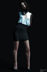 1girls 2022 3d bethany_(flaunts3d) black_background black_hair black_high_heels black_skirt blue_eyes clothed clothing female female_only flaunts3d high_heels necklace office_lady original_character pale-skinned_female pale_skin shirt skirt small_breasts solid_color_background solo solo_female standing white_shirt