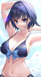 1girls 2022 armpits arms_behind_head arms_up bare_arms bikini blue_bikini blue_bow blue_eyes blue_hair bow breasts bubble chain_headband cleavage close-up collarbone deviantart_username female front-tie_top hairband halterneck headband highres hololive hololive_english hololive_english_-council- hololive_english_-promise- jurrig large_breasts navel o-ring ouro_kronii short_hair side-tie_bikini_bottom sky smile solo stomach string_bikini swimsuit virtual_youtuber web_address