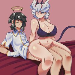 1boy1girl azazel_(helltaker) beelzebub_(helltaker) breasts clothed demon_girl demon_horns demon_tail genderswap genderswap_(ftm) gloves helltaker lueduartv sex straight straight_sex tagme white_hair white_shirt