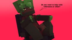 1boy 3d black_clothing bulge cdk_(cdk) crop_top dark_skin dialogue digital_media_(artwork) extrafruitygirl femboy fingerless_gloves gloves green_accents green_hair looking_at_viewer male_only mine-imator minecraft oc office_chair pen skinny sleeves slime_hair spreading tagme text_bubble thick_thighs thighhighs tubetop two_tone_body watermark yellow_eyes