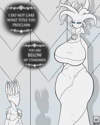 bigger_female dialogue disinterested dress faceless height_difference hollow_knight huge_breasts huge_hips pale_king_(hollow_knight) pale_skin piekiller piekiller5 size_difference skin_tight smaller_male taller_female taller_girl text white_lady_(hollow_knight)