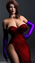 1girls 2022 3d brown_hair clothed clothing cosplay dress elbow_gloves female female_only gloves hand_on_hip hourglass_figure huge_breasts jessica_rabbit_(cosplay) jojozz long_gloves red_dress solo solo_female standing wide_hips