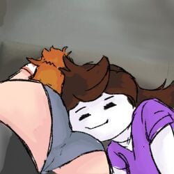 aboundlesspotat ass ass_pillow brown_hair circle_head clothed grey_panties happy head_on_ass jaiden jaiden_animations jaidenanimations panties purple_shirt shgurr smile smiling smiling_at_viewer striped_shirt youtube youtuber