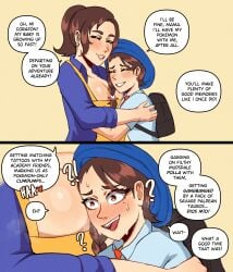 2girls big_breasts blush blushing brown_hair comic dialogue english_text female_only freaking_out hug humor implied_gangbang implied_sex incest juliana_(pokemon) milf mother mother_(pokemon_sv) mother_and_child mother_and_daughter multiple_girls nervous nervous_face nervous_smile nervous_sweat open_mouth pokemon pokemon_sv speech_bubble sweatdrop text wingedwasabi