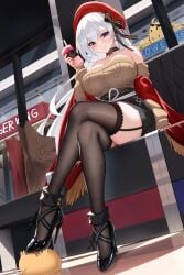 azur_lane bare_shoulders belfast_(azur_lane) belfast_(shopping_with_the_head_maid)_(azur_lane) black_collar black_garter_straps black_high_heels black_legwear black_ribbon black_skirt black_stockings blush damao_yu earrings female_only hair_between_eyes high_heels large_breasts long_hair looking_at_viewer miniskirt purple_eyes red_hat skirt smile solo_focus stepped_on stockings thick_thighs thighhighs thighs uncensored white_hair wide_hips