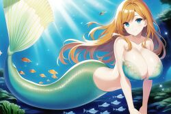 1girls ai_generated big_breasts blonde_hair blue_eyes cleavage dukester female female_only fish_girl fish_tail green_tail large_breasts mermaid mermaid_girl mermaid_position mermaid_tail nai_diffusion original scales seductive_look seductive_pose seductive_smile solo stable_diffusion underwater