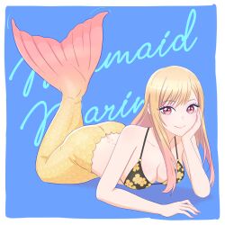 1girls absurd_res blonde_hair bra english_text female female_only hair kiria_ai kitagawa_marin looking_at_viewer mermaid mermaid_costume mermaid_girl mermaid_tail mermaid_transformation png posing smile solo sono_bisque_doll_wa_koi_wo_suru tail text yellow_tail