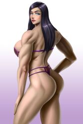 ass big_ass big_balls big_belly big_breasts big_butt big_nipples bikini bikini_lift bikini_top black_hair blue_eyes breast_press breasts caitlyn_kiramman danimon fit league_of_legends looking_back muscle muscle_growth muscle_tone muscle_worship musclegut muscles reportgg