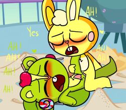 ankifun blush cuddles_(htf) cum cum_in_ass cum_inside green_hair happy_tree_friends legs_up nutty_(htf) open_mouth tears yellow_body