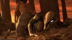 1boy 1boy1girl 1girls 3d alien alien_girl all_fours ass bent_over breasts female female_sangheili halo_(series) helmet human human_penetrating light-skinned_male male odst sangheili sex strangersfm thick_ass_monster