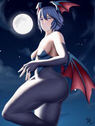 1girls alternate_costume alternate_hairstyle arcedo ass back back_view bare_back bare_shoulders big_ass blue_eyes blue_hair breasts clothing cosplay darkstalkers dat_ass demon_girl detached_sleeves fire_emblem fire_emblem_awakening frown full_moon halloween halloween_costume huge_ass large_ass lilith_aensland_(cosplay) looking_back lucina_(fire_emblem) moon morrigan_aensland_(cosplay) night nintendo short_hair small_breasts solo succubus symbol-shaped_pupils thick_thighs